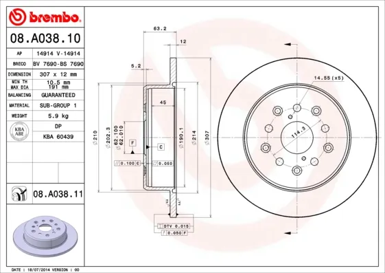 BREMBO 08.A038.11 - 2x disco freno ATP Autoricambi Ultimissimo Modello