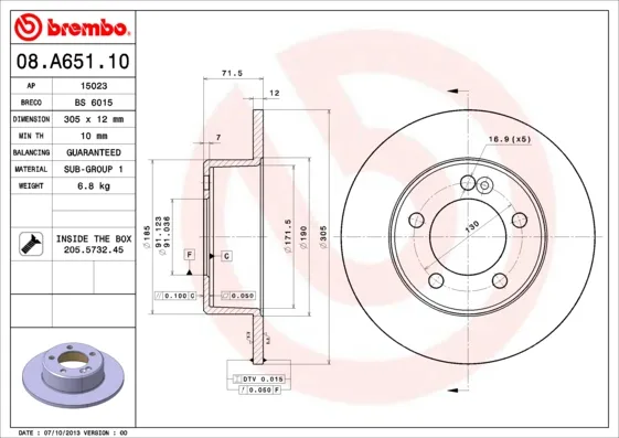 BREMBO 08.A651.10 - 2x disco freno asse posteriore completo ATP Autoricambi Offerta Speciale