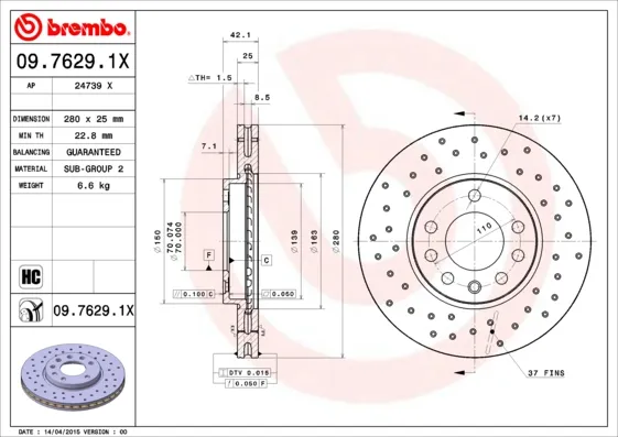 BREMBO 09.7629.1X - 2x Disco freno asse anteriore Ventilato ATP Autoricambi Economico