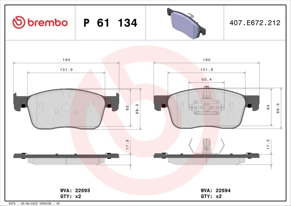 Super Prezzo BREMBO P 61 134 - Kit pastiglie freno, Freno a disco ATP Autoricambi